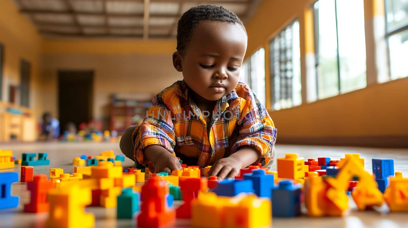 A toddler joyfully plays with colorful blocks on the floor of a bright, spacious room.