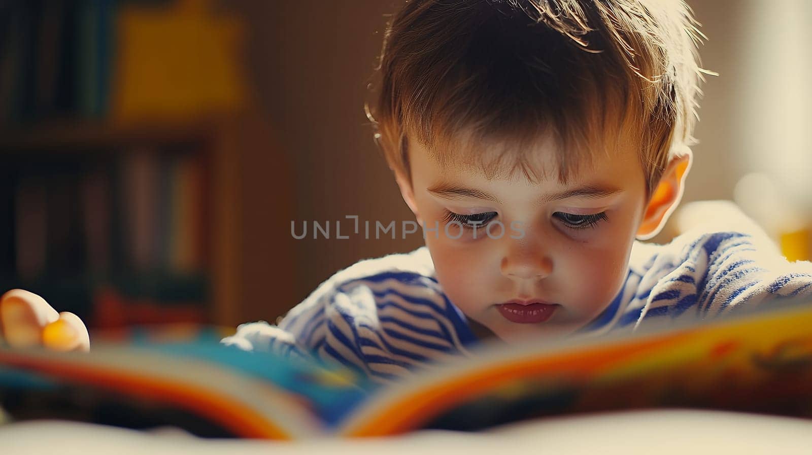 A young child is deeply engrossed in reading a colorful book, in a warm, inviting room.