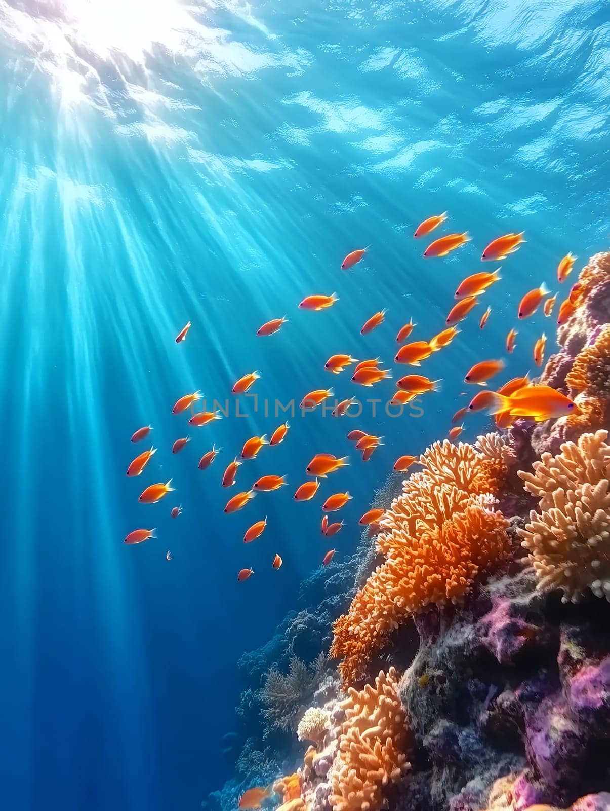Vibrant orange tropical fish swimming near coral reef formations under dramatic sunbeams penetrating crystal clear blue waters.