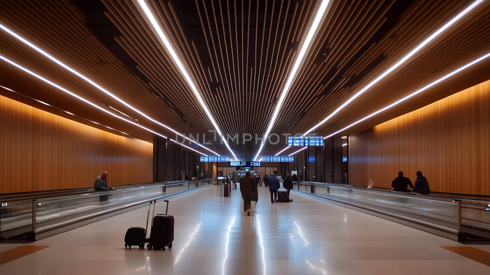 The sleek interior of a modern airport terminal, featuring bright lighting and a clean design.
