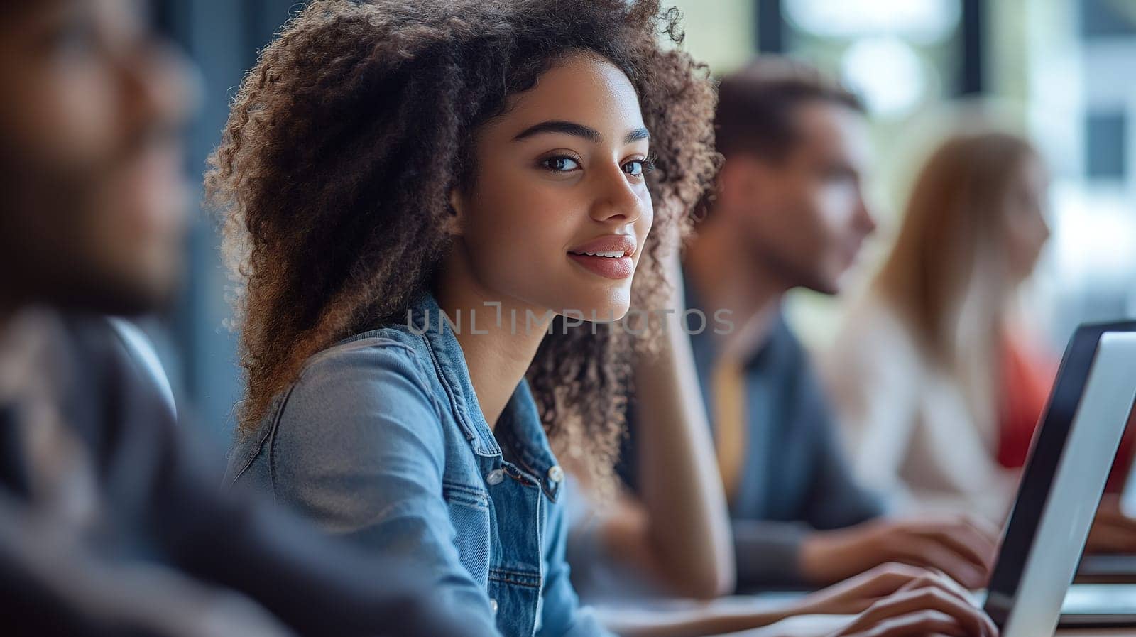 A young woman smiles during a group discussion in a modern workspace, reflecting teamwork and engagement.