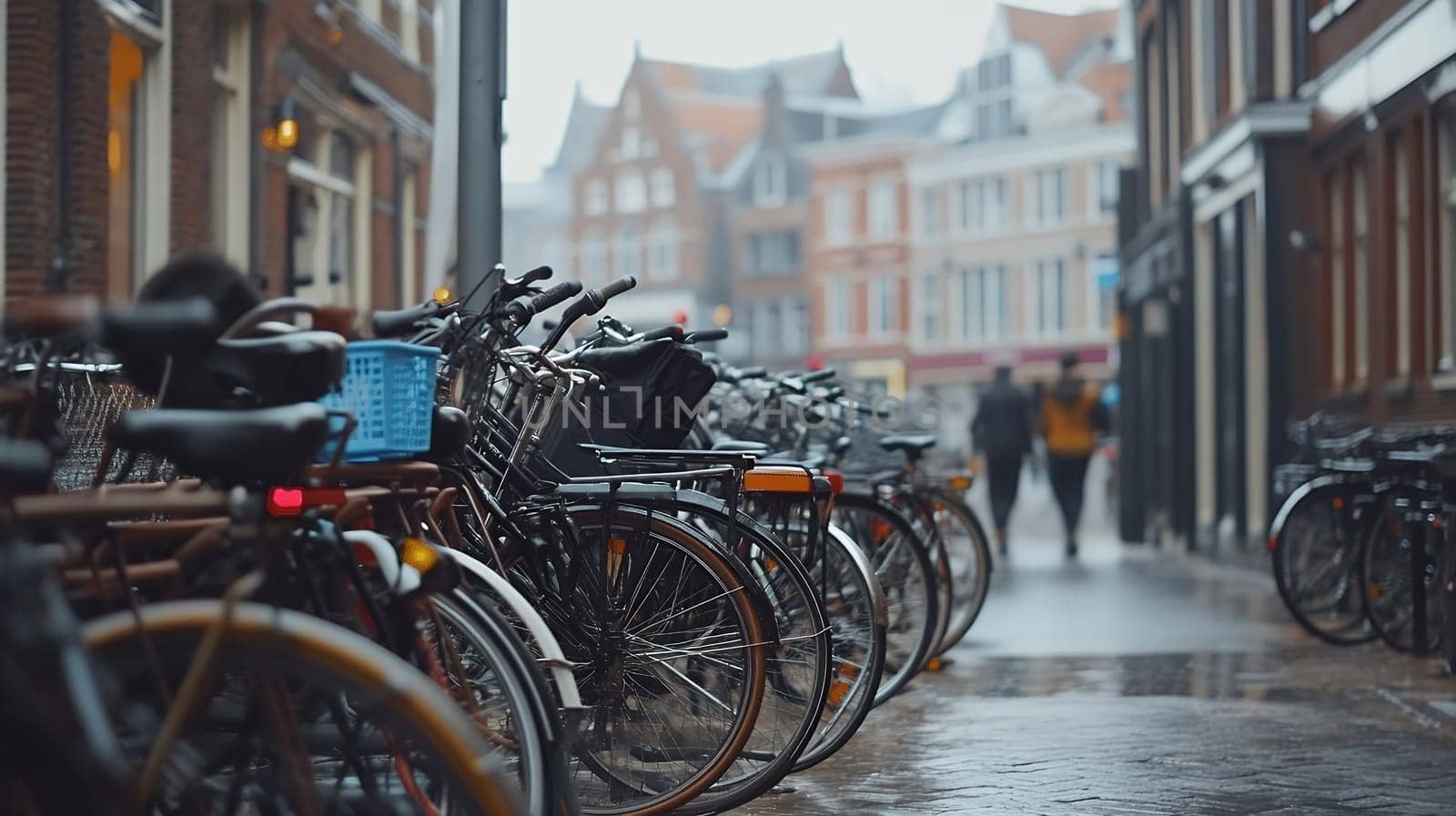 A row of bicycles parked along a cobblestone street in a European city, showcasing sustainable urban transport.
