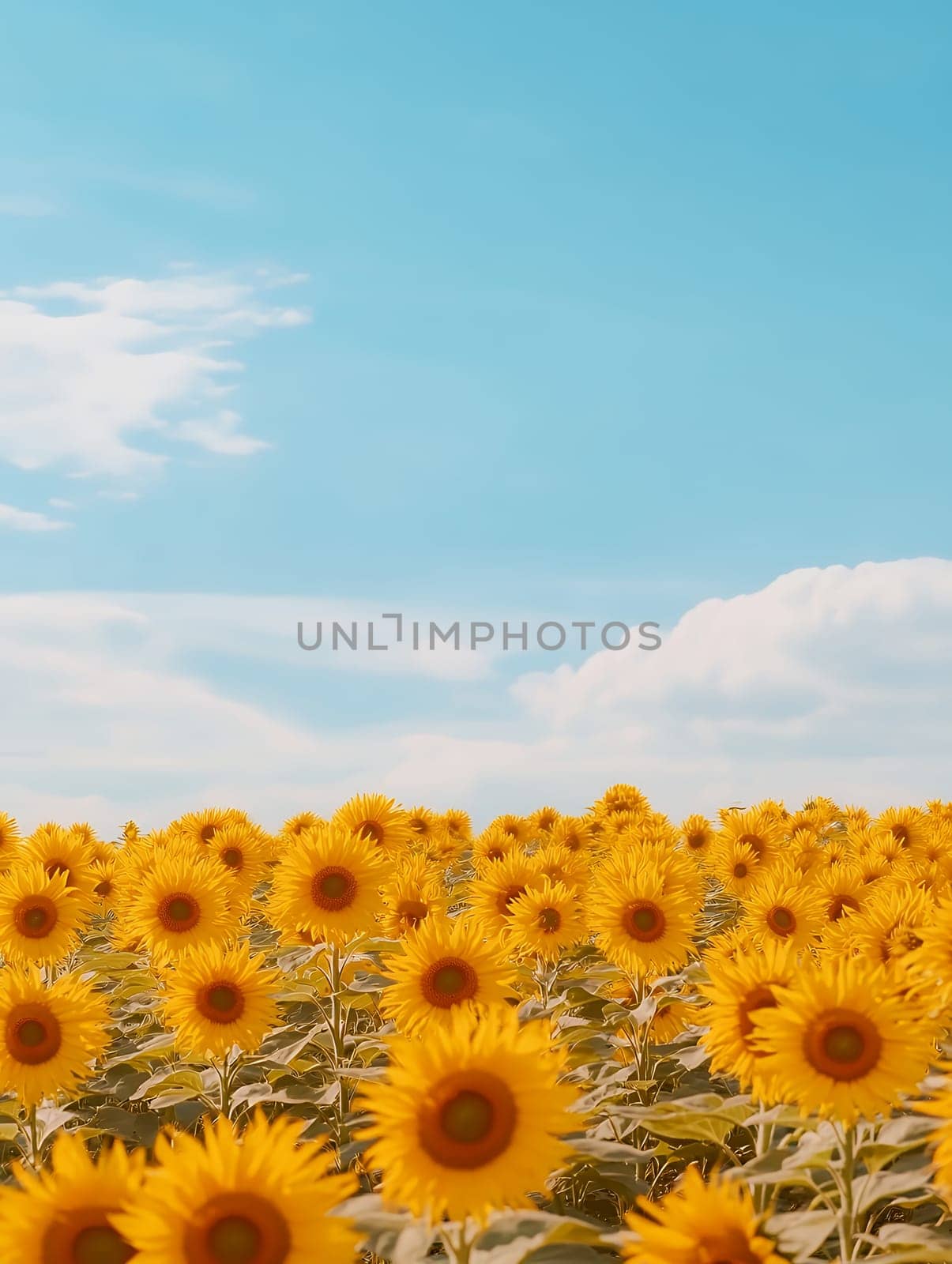 Vibrant yellow sunflower field stretching to horizon under bright blue summer sky with white clouds, copy space above.