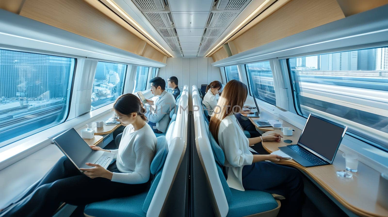 Modern train interior with business people working on laptops during commute, professional workspace environment with city views.
