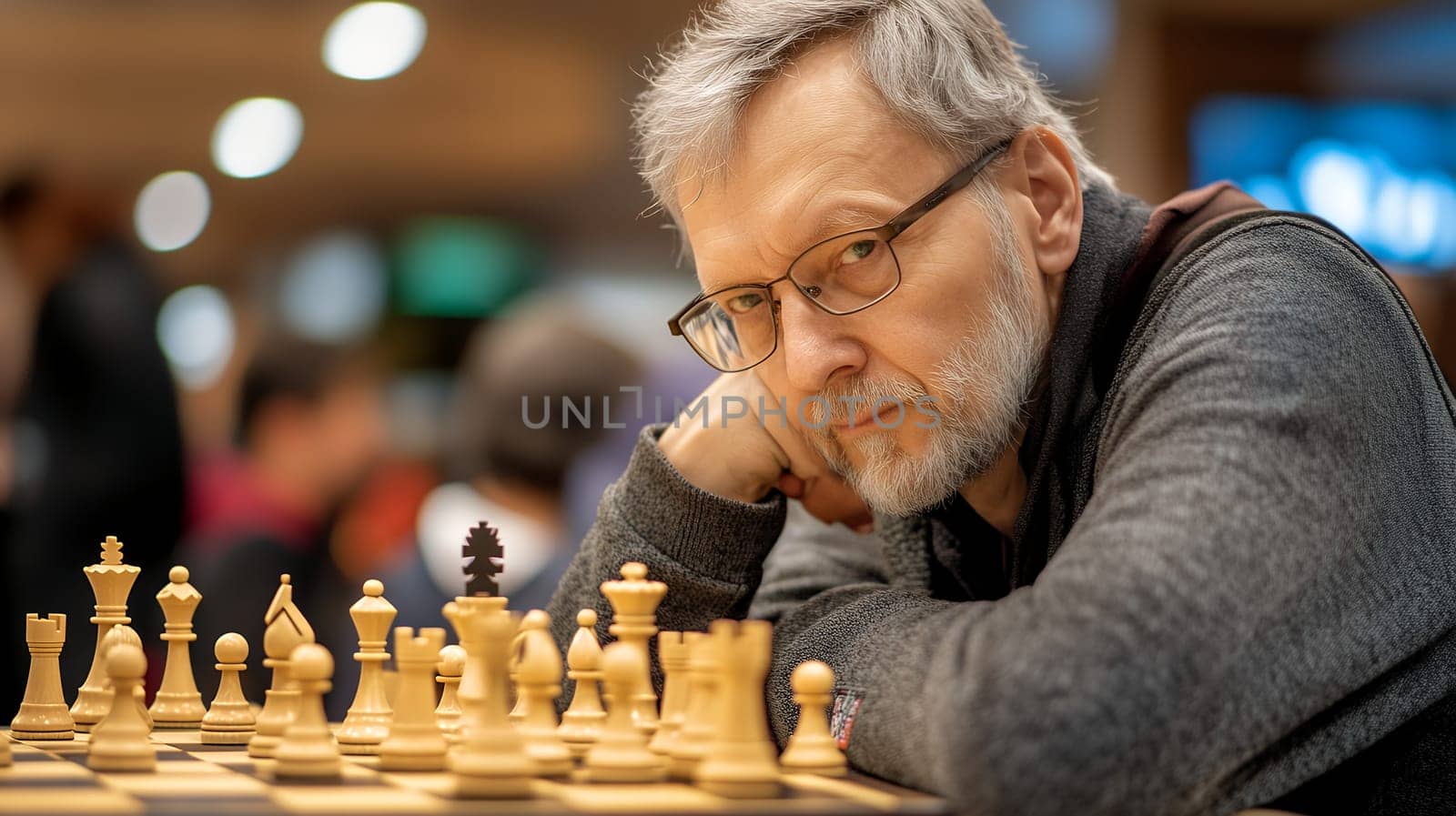 A focused man strategizes his next move in an intense chess game, surrounded by other players in a lively environment.