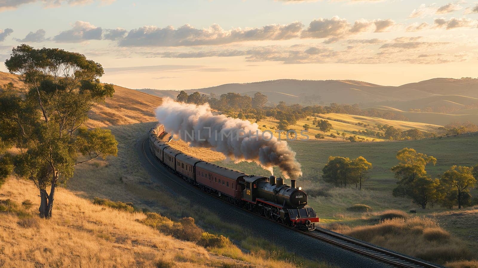 Vintage steam locomotive with passenger cars winding through golden countryside at sunset, dramatic smoke billowing against rolling hills and eucalyptus trees.
