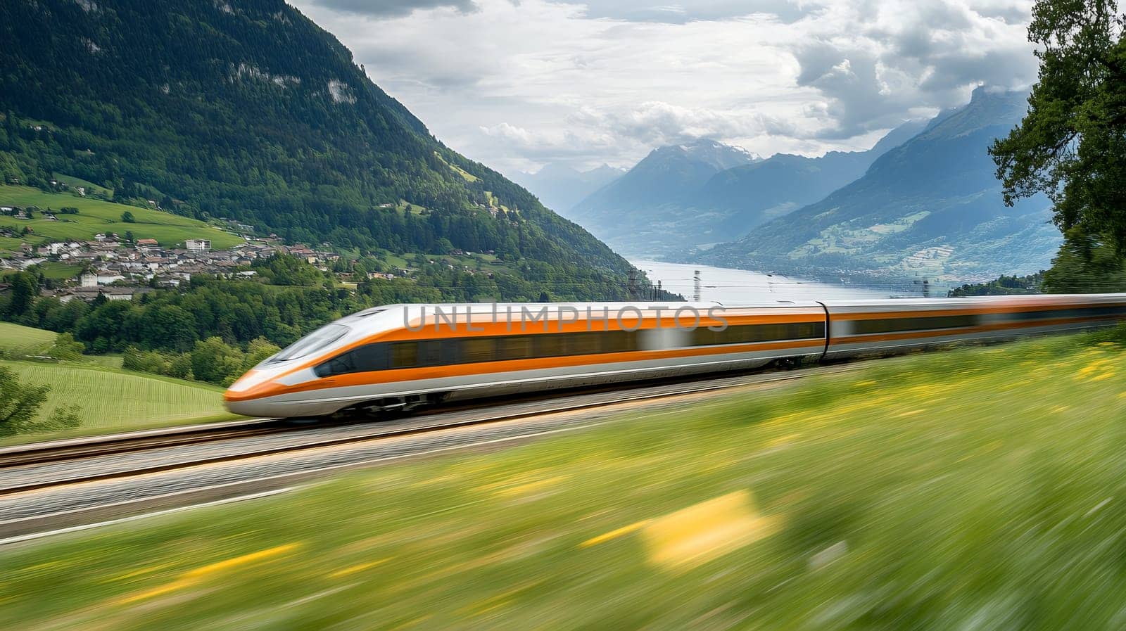 A modern high speed train races through a picturesque valley, surrounded by lush green mountains.