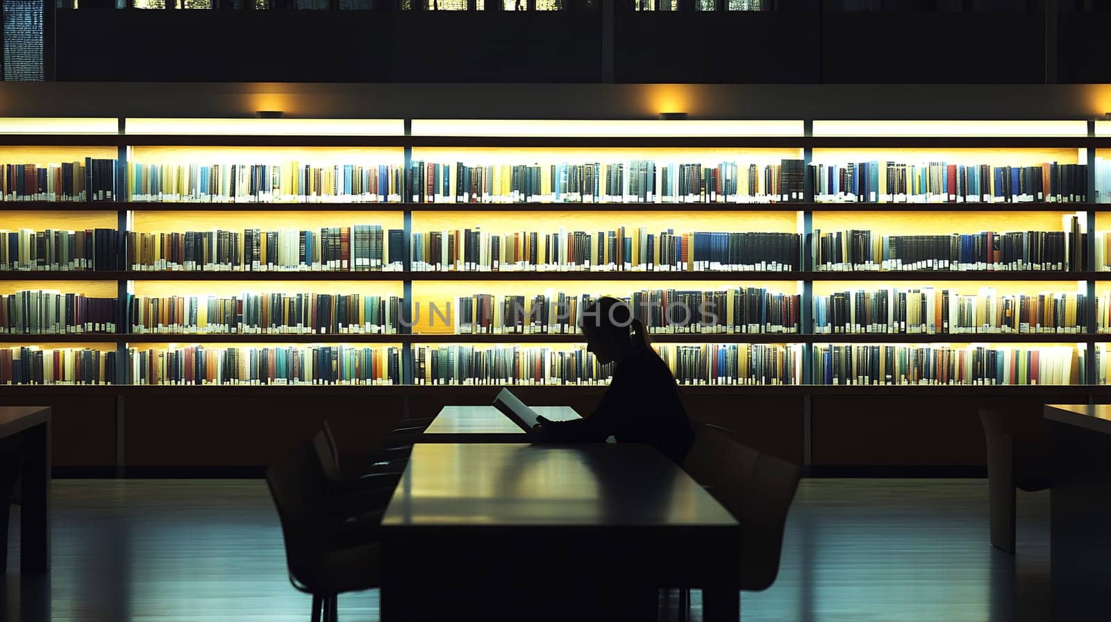A silhouette of a person deeply engaged in reading at a library table, surrounded by illuminated bookshelves.