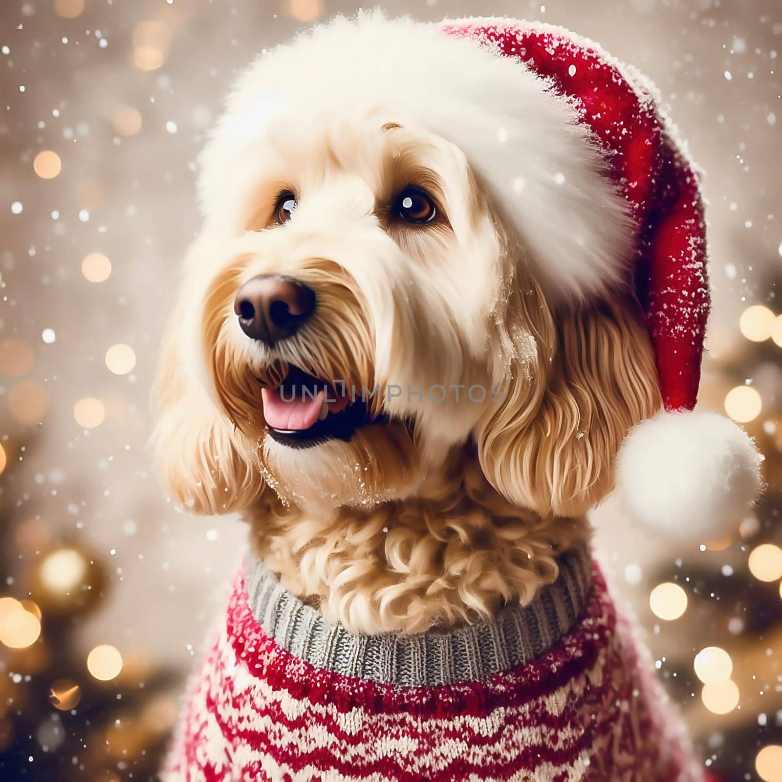 A Goldendoodle with a Christmas hat and a red, festive sweater with a snowflake pattern. Blurred Christmas lights glow in the background
