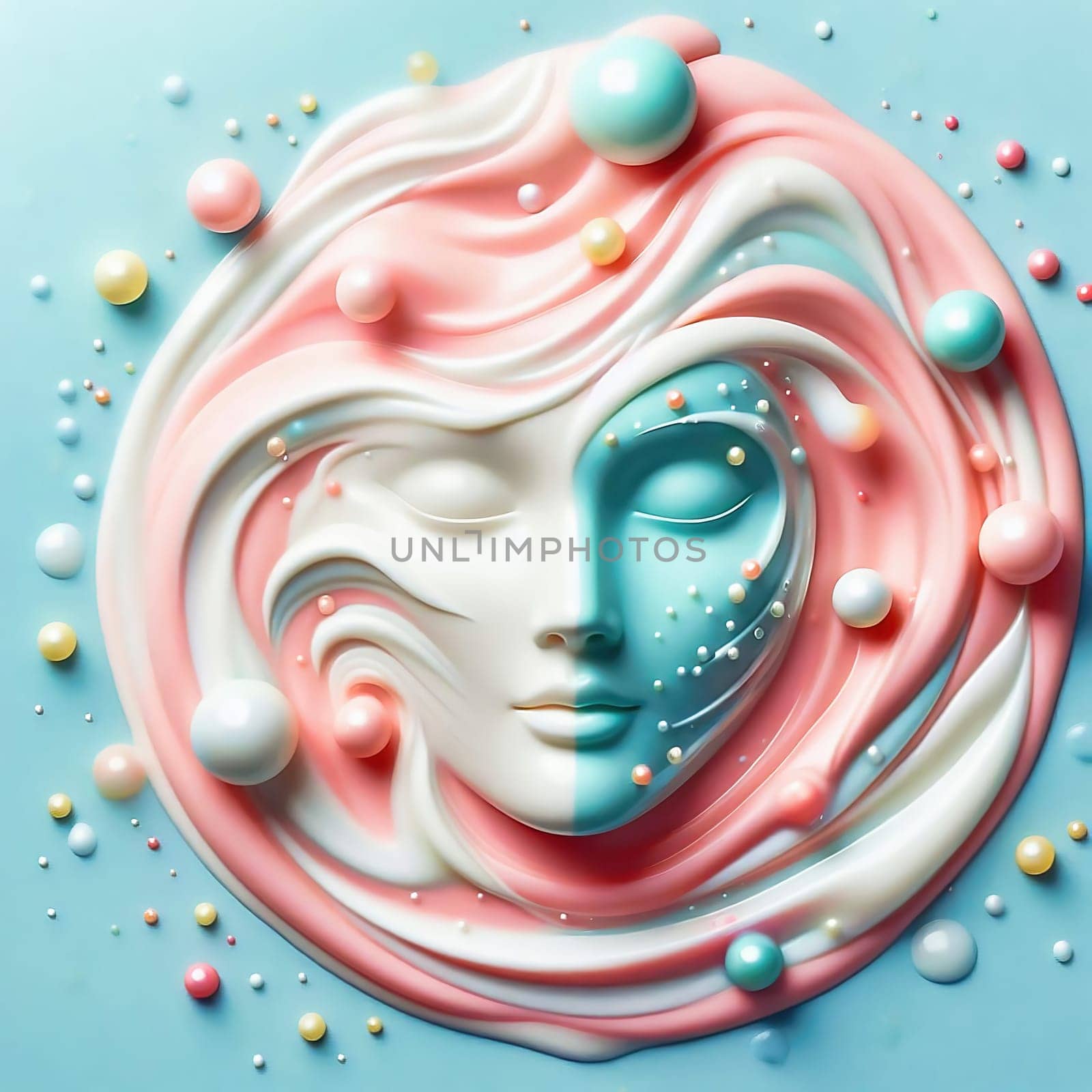surreal shaped blue mask with wide open mouth and eyes, surrounded by beads, bubbles and flowing lines reminiscent of cosmetics or art