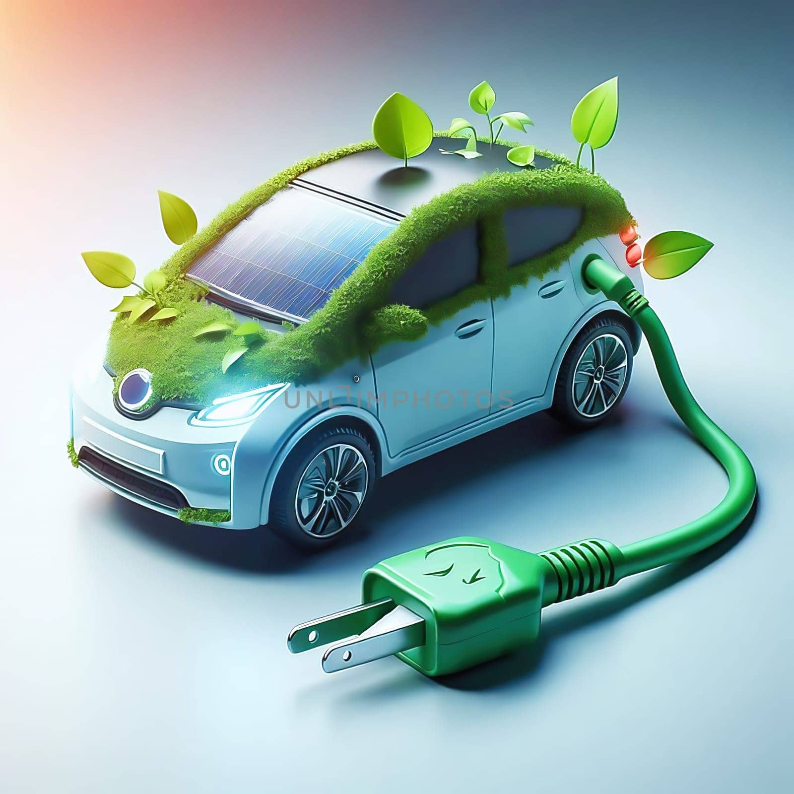 A modern electric car at a charging station of a futuristic filling station. The scene looks clean, technological and environmentally friendly