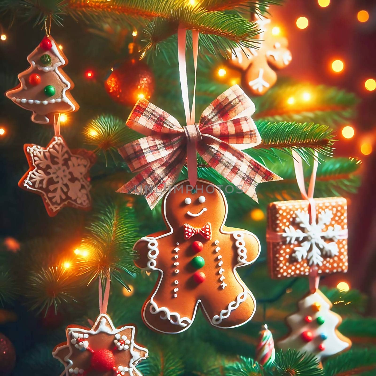 A festively decorated Christmas tree with lights, snowflake ornaments, a gingerbread man and presents that radiate atmospheric light.