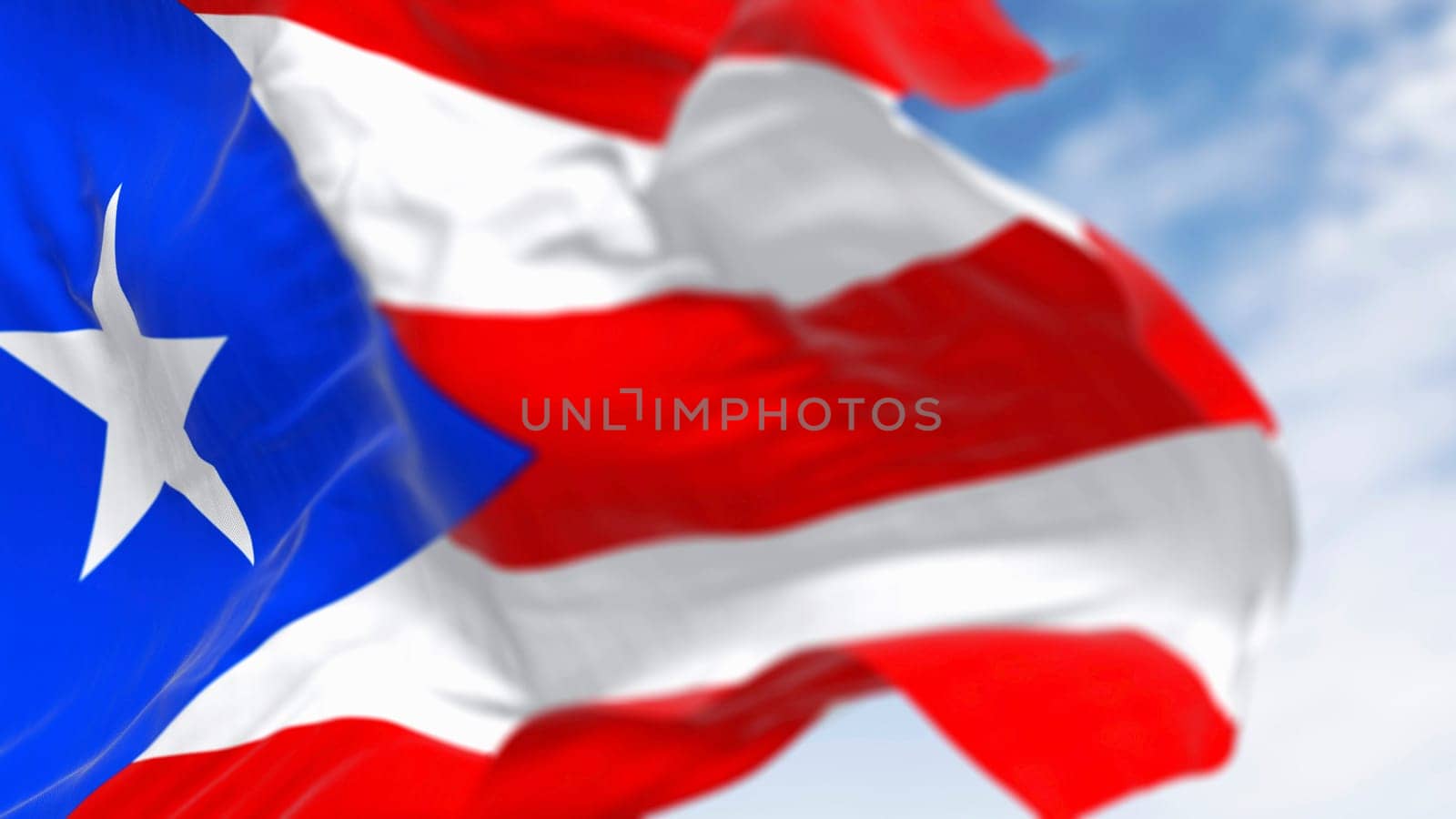 Close-up of Puerto Rico national flag waving in the wind. Puerto Rico is a Caribbean island and unincorporated territory of the United States. 3D illustration render. Rippling fabric