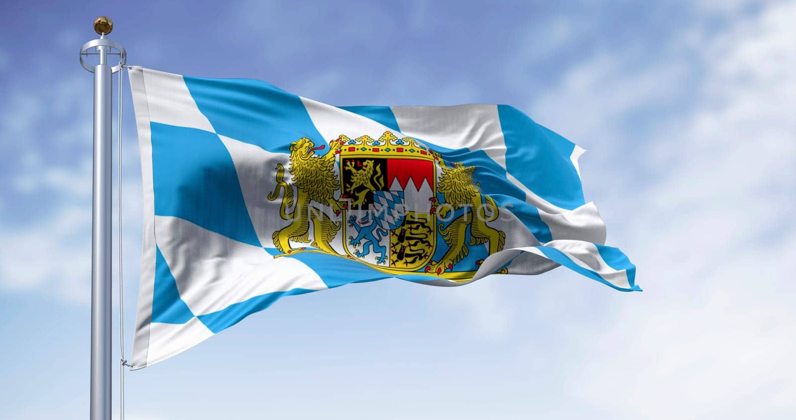Bavarian flag waving in the wind on a clear day. Bavaria is a state in the south-east of Germany. 3d illustration render. Fluttering fabric.