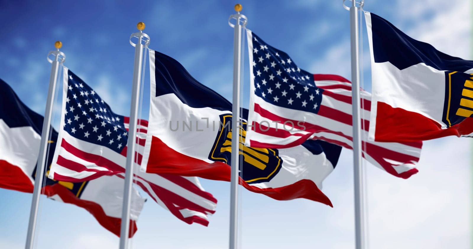 The Beehive Flag of Utah and the american flag waving on a clear day. 3D illustration render. Rippling fabric. Selective focus