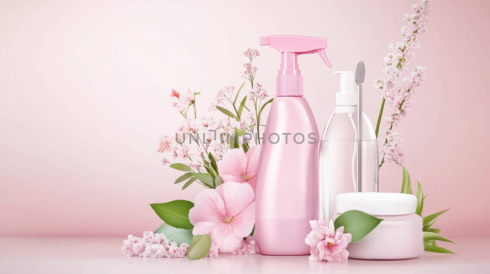 Seasonal spring cleaning, florals and cleaning products pastel mockup design background, AI Generated content