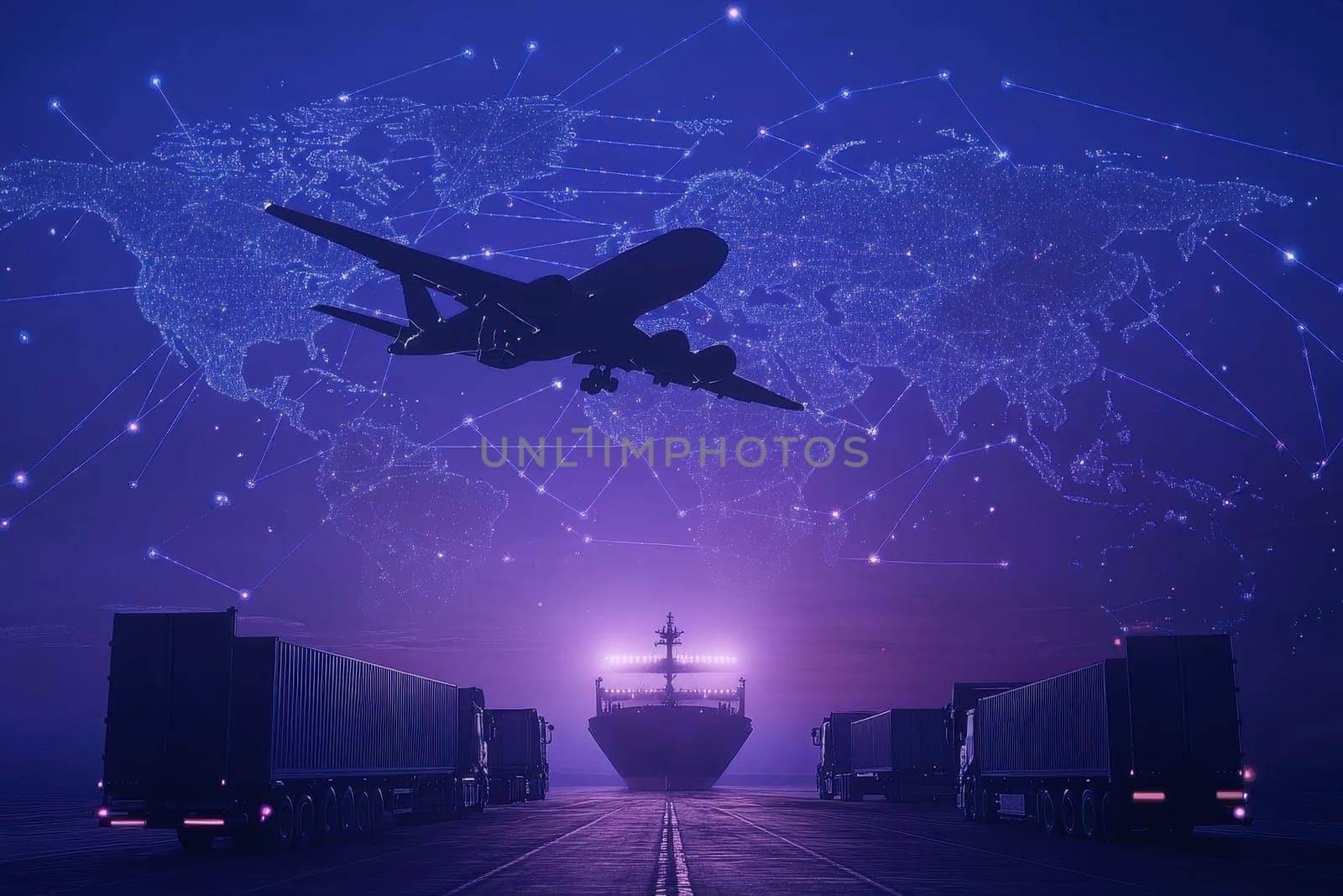 A stunning visual of an airplane flying over a digital map projection. Cargo trucks flank a cargo ship, illustrating global transportation and logistics connections.