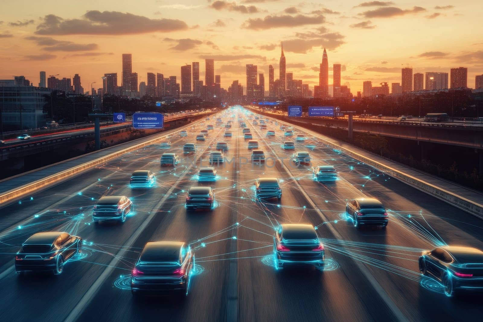 A stunning view of multiple autonomous vehicles on a highway, showcasing advanced connectivity and technology amidst a vibrant sunset over a city skyline.