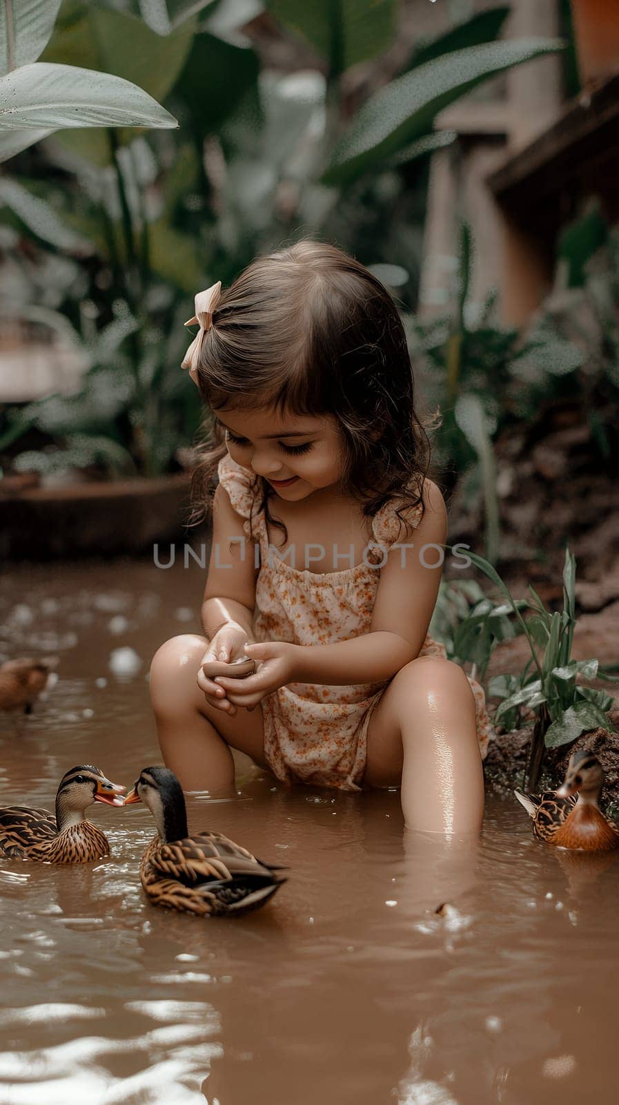 A young girl joyfully plays with ducks in a natural setting, surrounded by lush greenery.