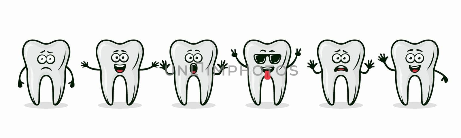 Adorable Tooth Characters Showing Different Emotions. Flat Vector Tooth Illustration - Happy, Excited, Sad, Scared Expressions. Cute Tooth Design Templates for Dental Logos, Marketing, Dental Branding.