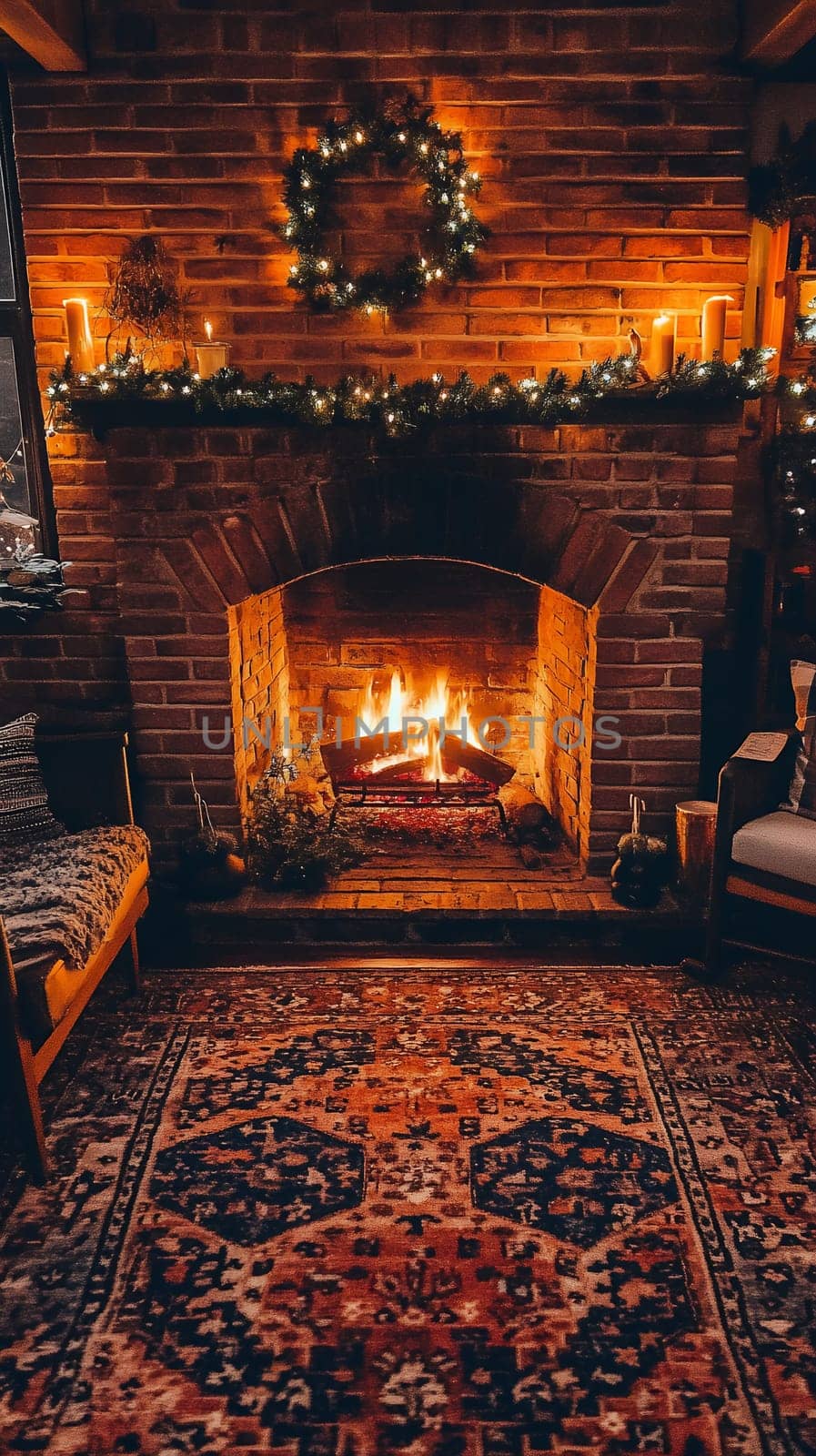 A warmly lit brick fireplace adorned with holiday decorations, creating a festive and cozy atmosphere.