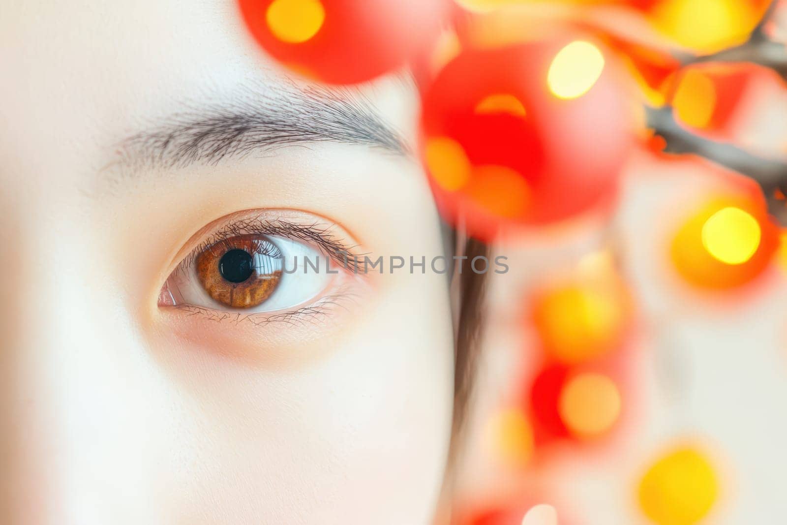 A detailed look at a vibrant eye framed by bright red and orange decorations creating a warm and inviting atmosphere.
