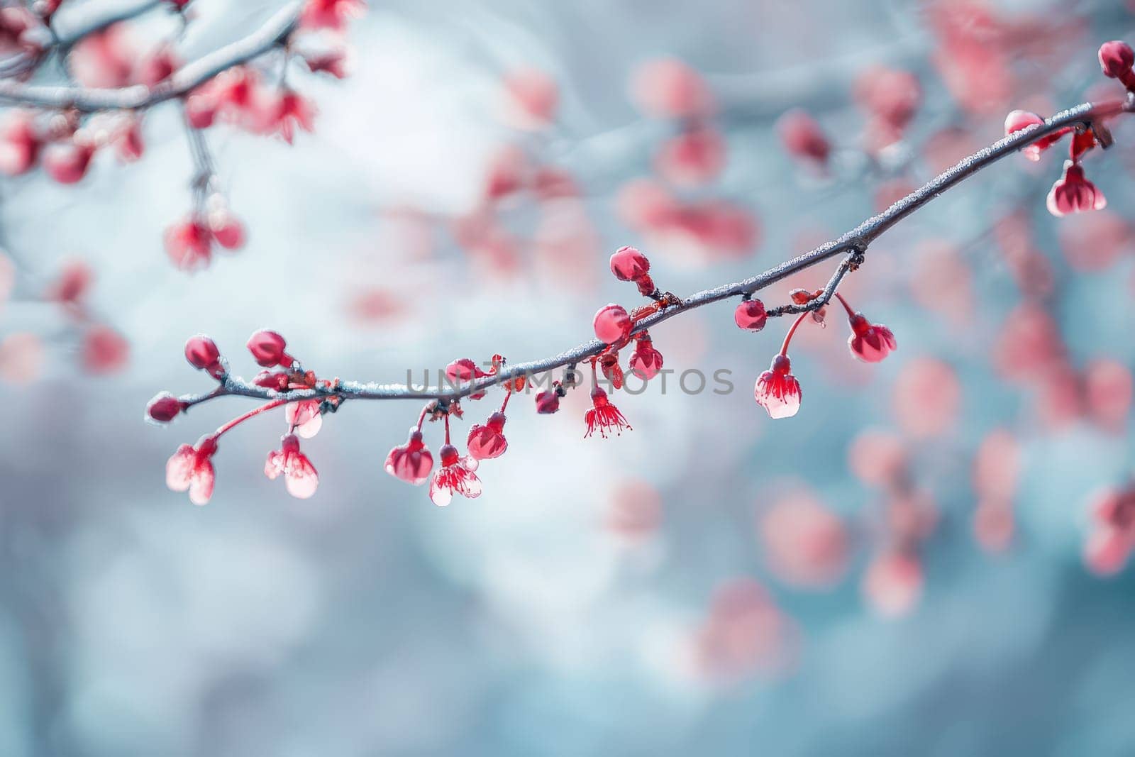 A branch adorned with beautiful cherry blossoms in light pink shades signaling the arrival of spring and natures awakening.