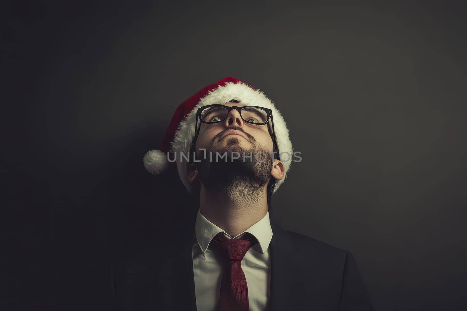 A man dressed in a suit with a red tie and Santa hat gazes upward embracing the holiday spirit in a dark setting.