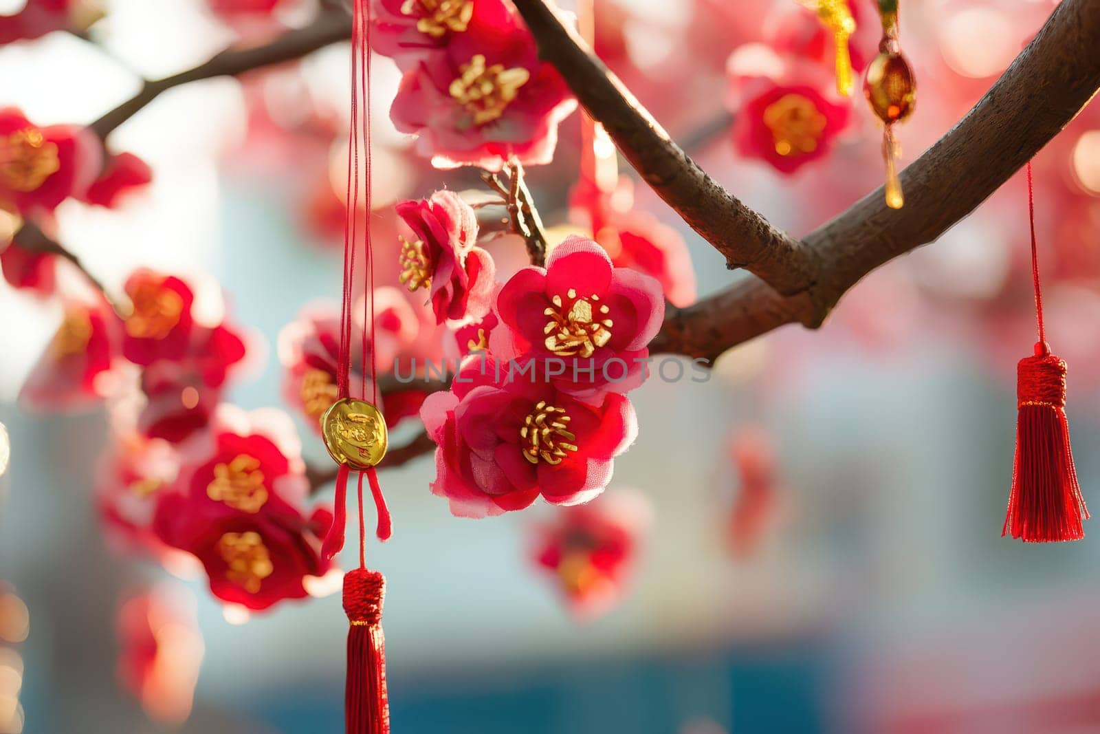Colorful cherry blossom decorations adorn a tree symbolizing renewal and celebration during a spring festival showcasing vibrant floral beauty.