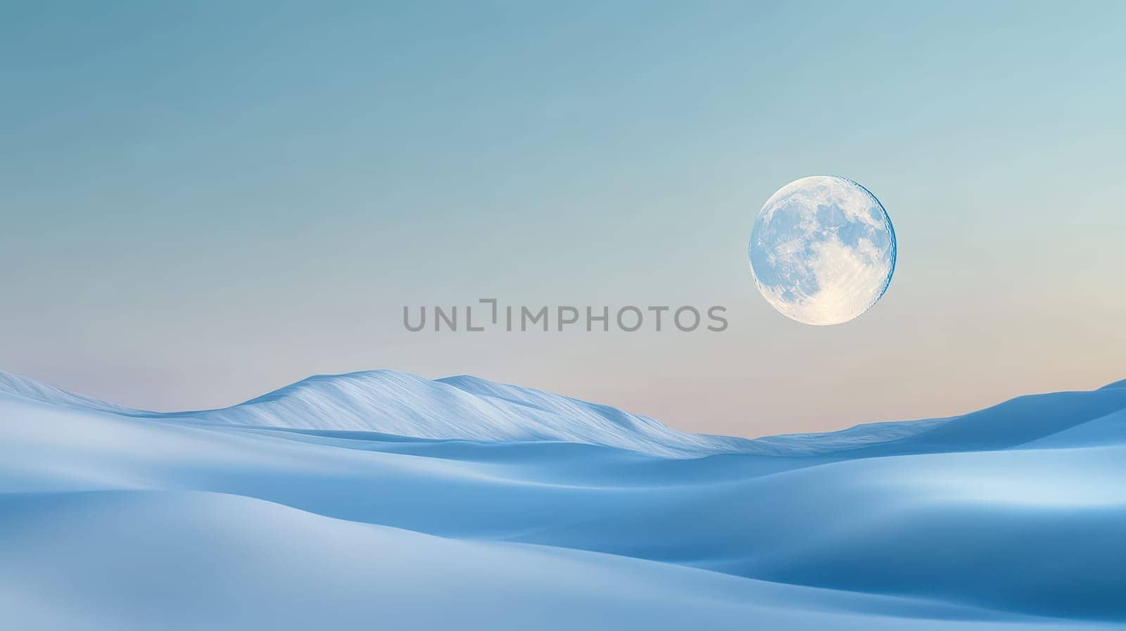 A serene winter landscape features rolling snow covered hills under a large moon in the evening sky creating a peaceful atmosphere.