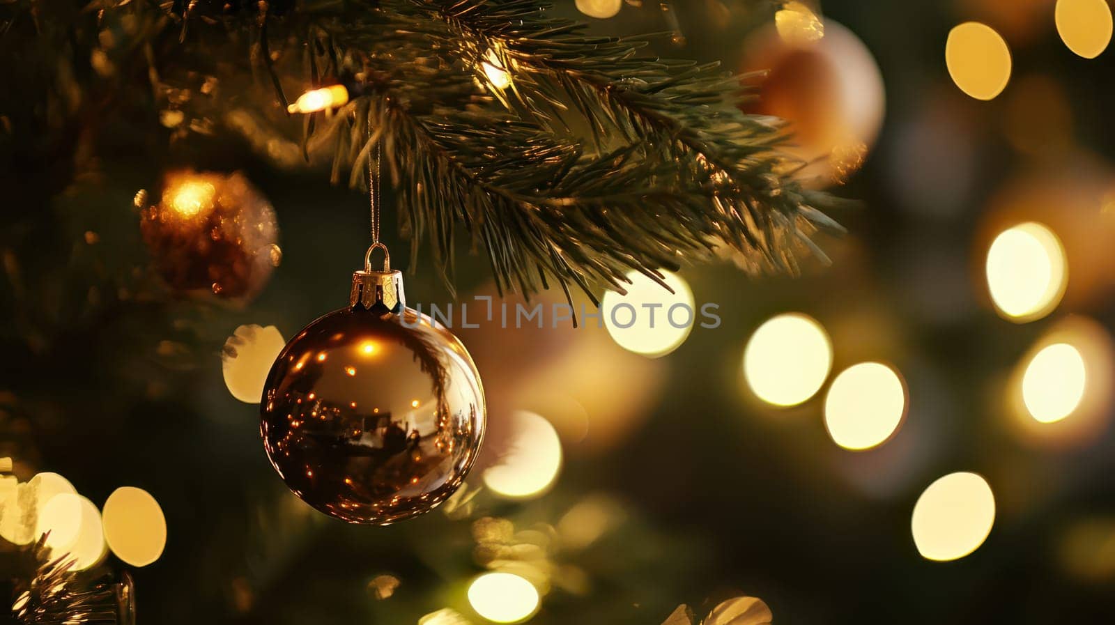 A shiny golden ornament hangs on a Christmas tree surrounded by sparkling lights creating a festive atmosphere during the holiday season.