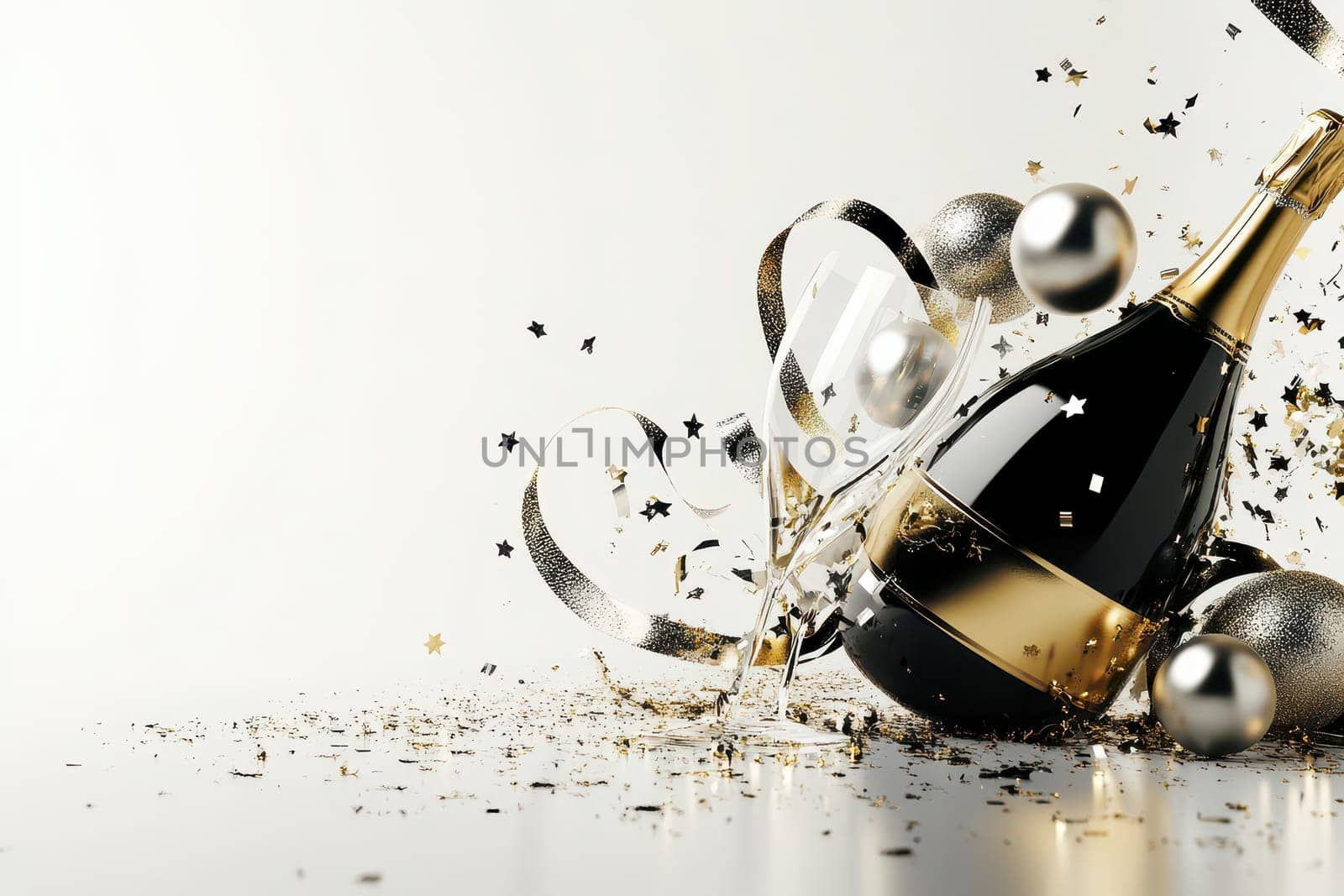The table features an elegant bottle of champagne with flutes surrounded by sparkling decorations and party elements for a celebration.
