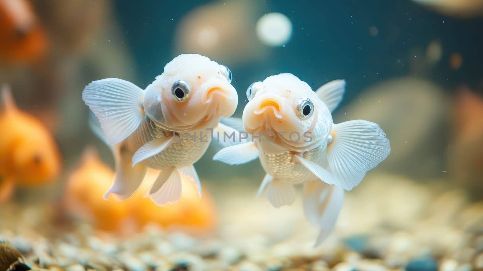 Two lively goldfish are swimming close together in a brightly lit aquarium filled with colorful pebbles.