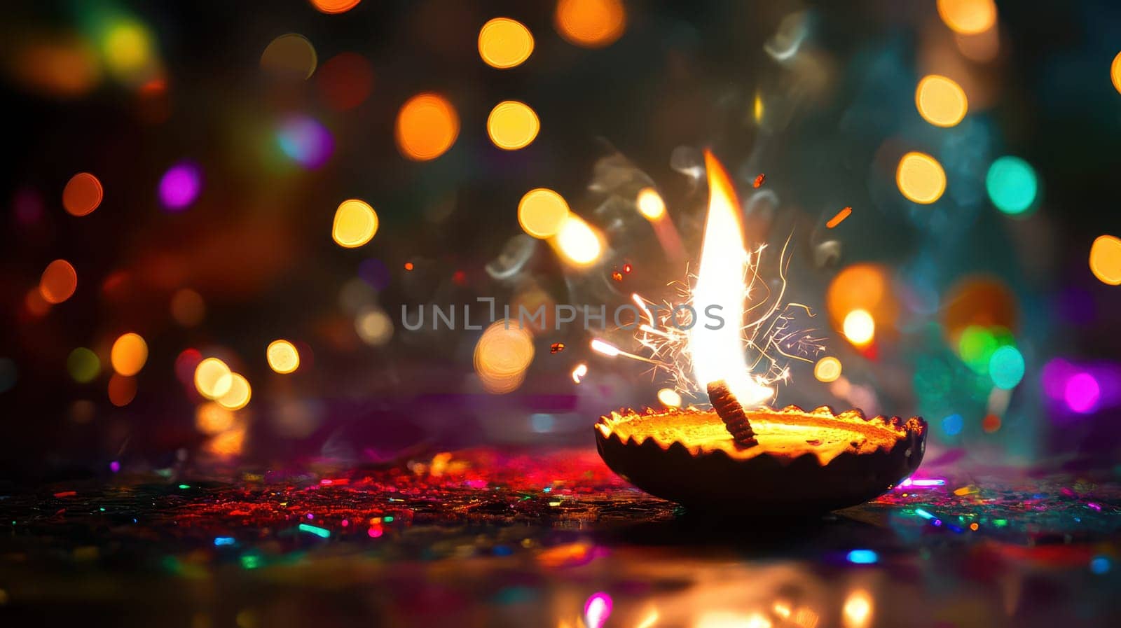 A diya emits a warm flame while colorful bokeh lights create a festive atmosphere during a celebration at night.