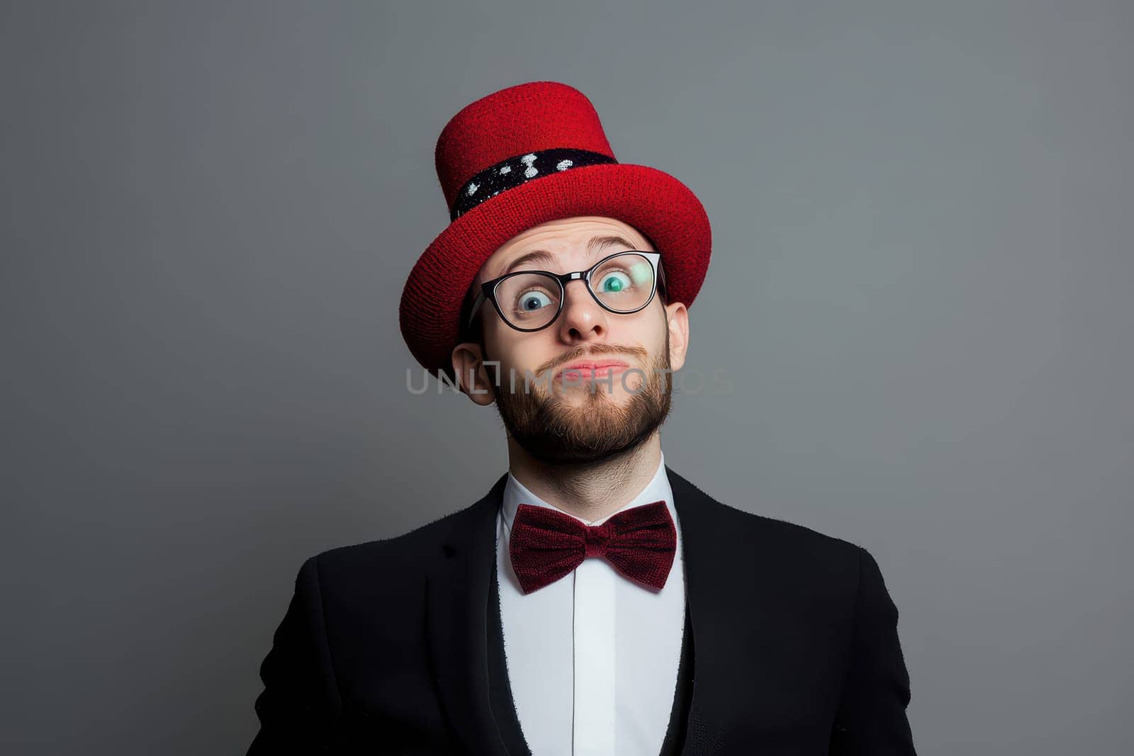 A man with glasses and a beard wears a red hat and bow tie while making a playful expression against a gray background.