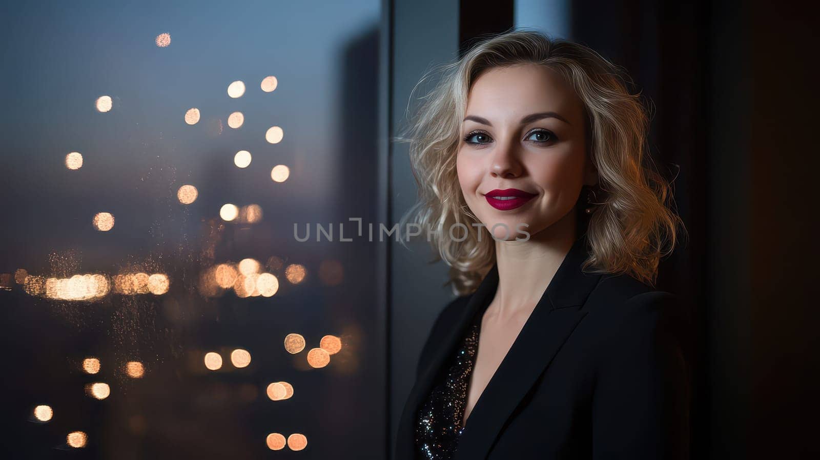 A stylish woman with wavy blonde hair is standing by a window overlooking a city filled with twinkling lights at dusk.
