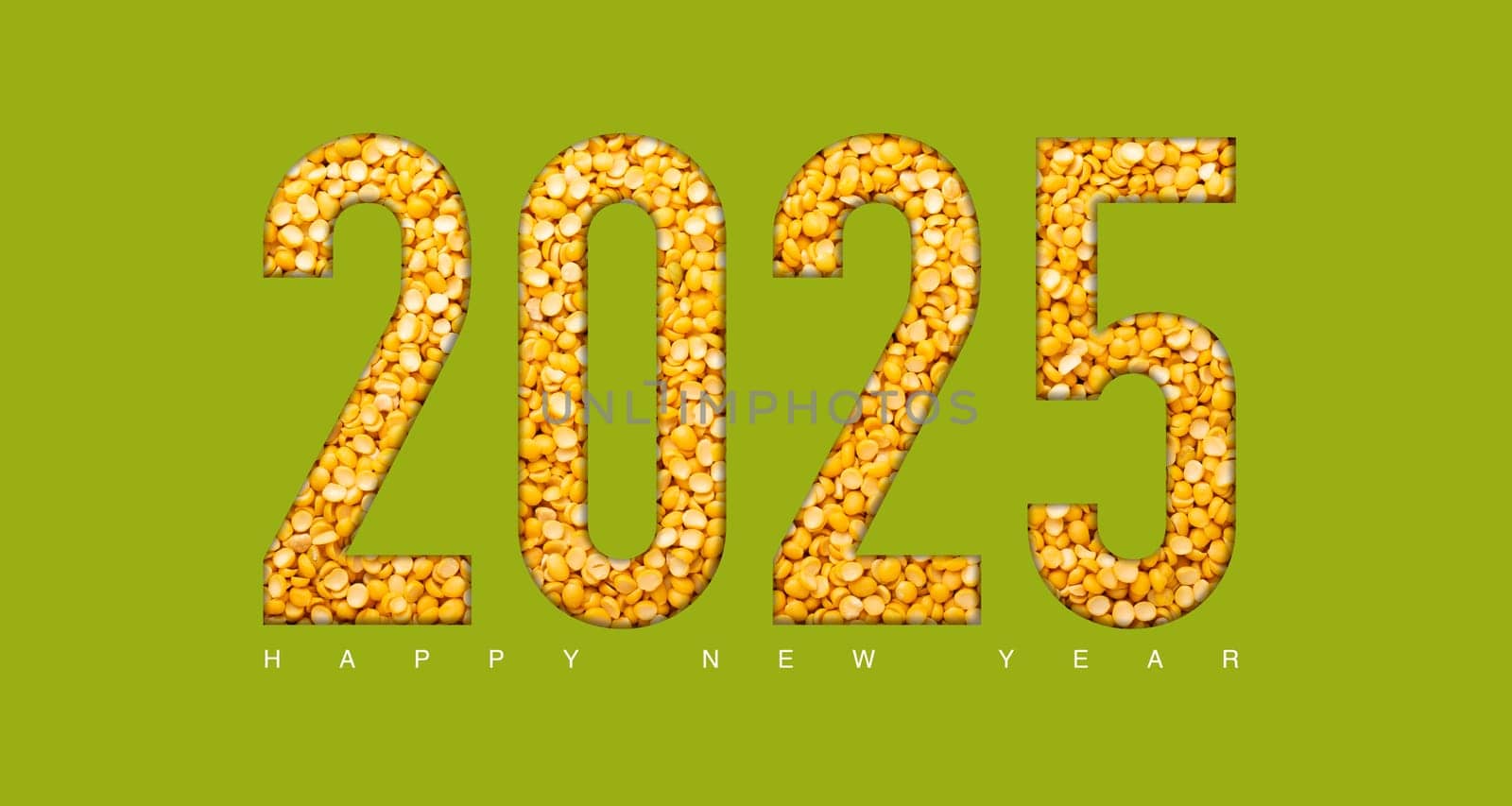 2025 split peas new year concept on a green background. 3d illustration