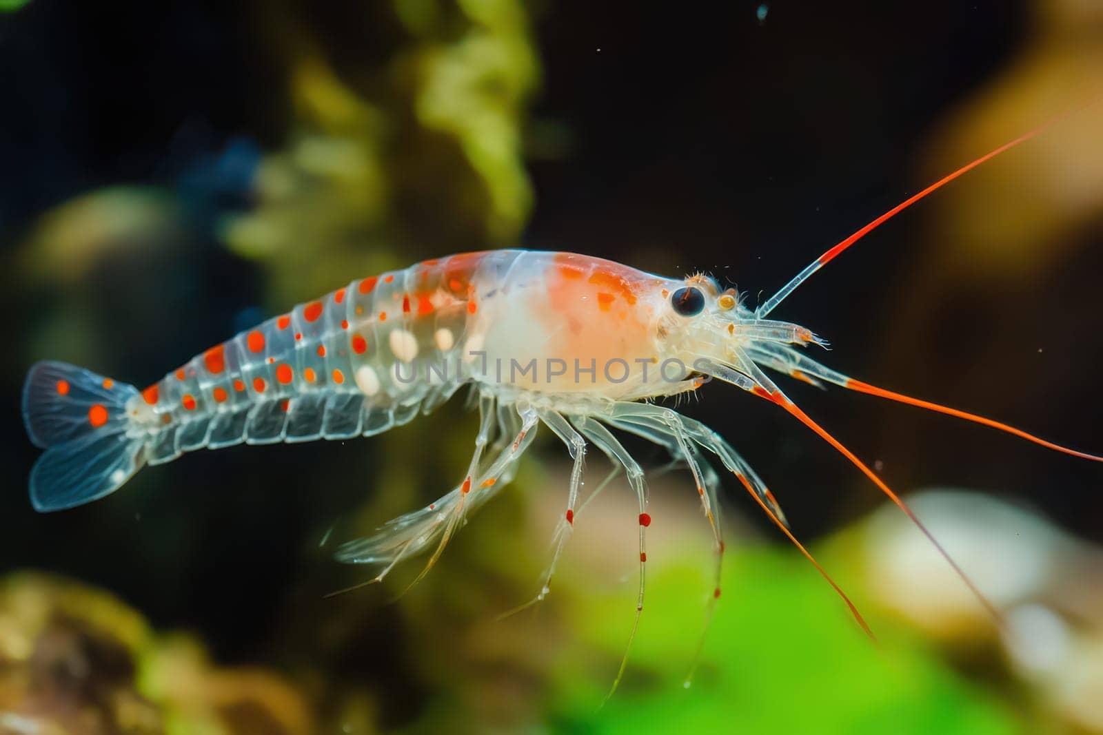 A vibrant red and transparent shrimp swims gracefully among coral in clear water demonstrating its natural habitat and behavior.