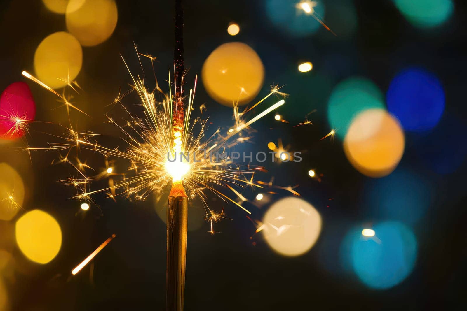 A sparkler shines brilliantly amidst colorful bokeh lights during a festive event creating a joyful ambiance and celebration.