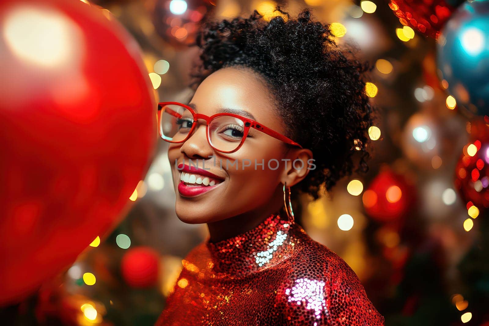 A young woman joyfully poses with a bright smile at a festive holiday gathering surrounded by colorful decorations and Christmas lights.