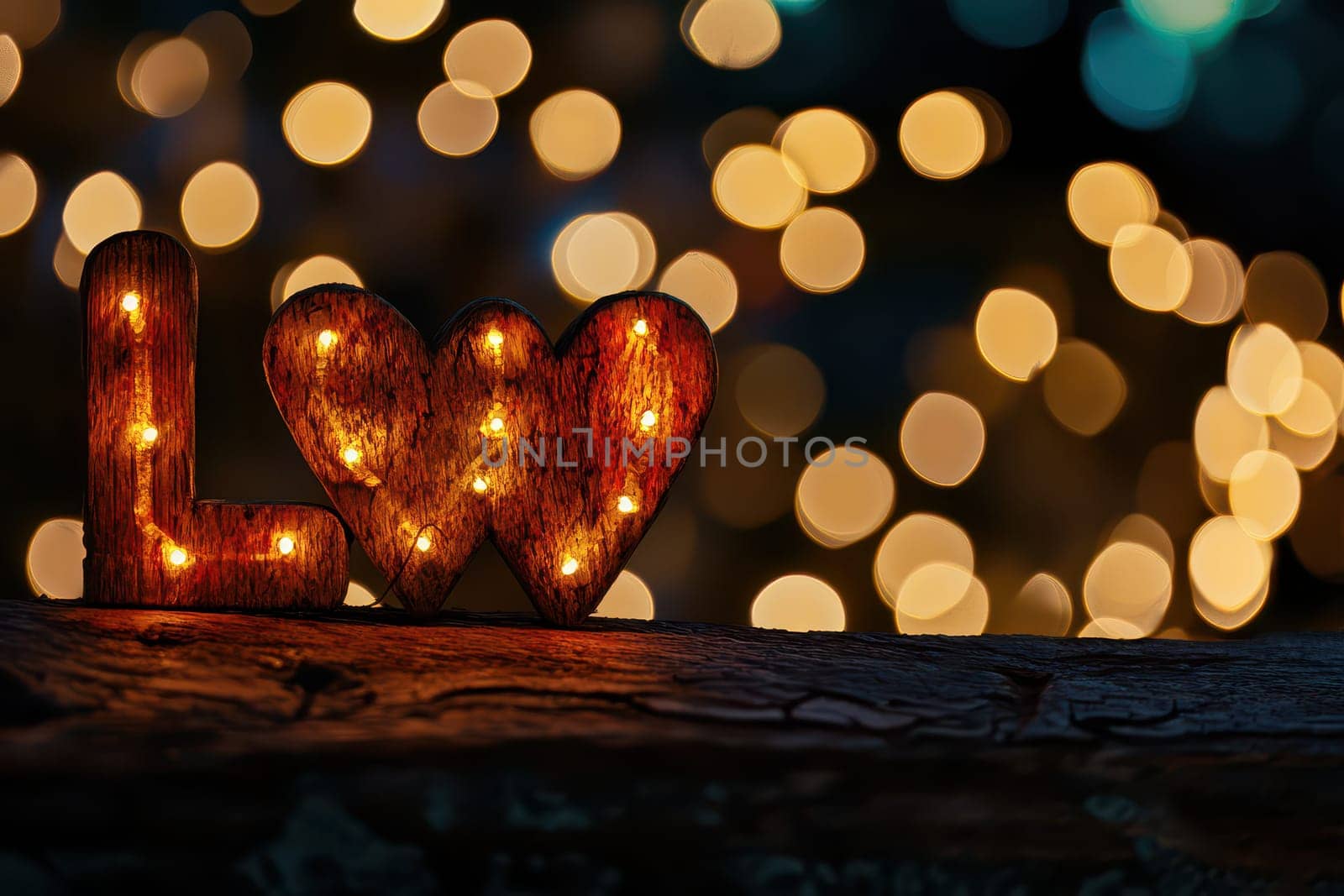 Wooden letters forming the word love are illuminated with warm lights creating a cozy and inviting atmosphere at night.