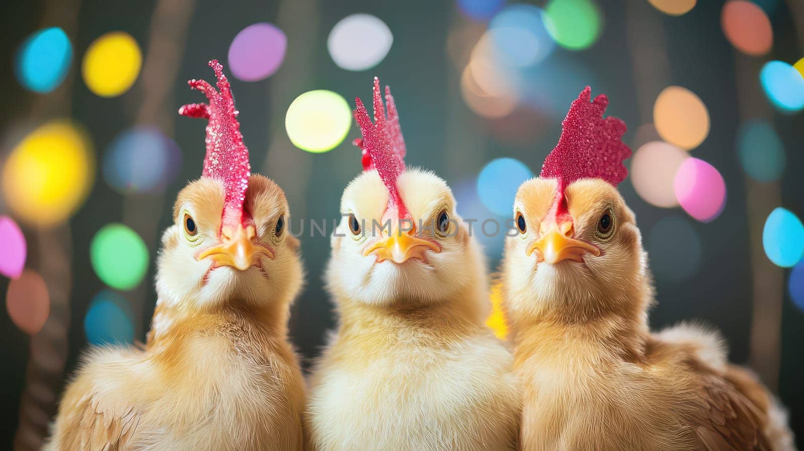 Three adorable chicks with vibrant crests stand close together against a colorful festive backdrop filled with lights showcasing their charm.