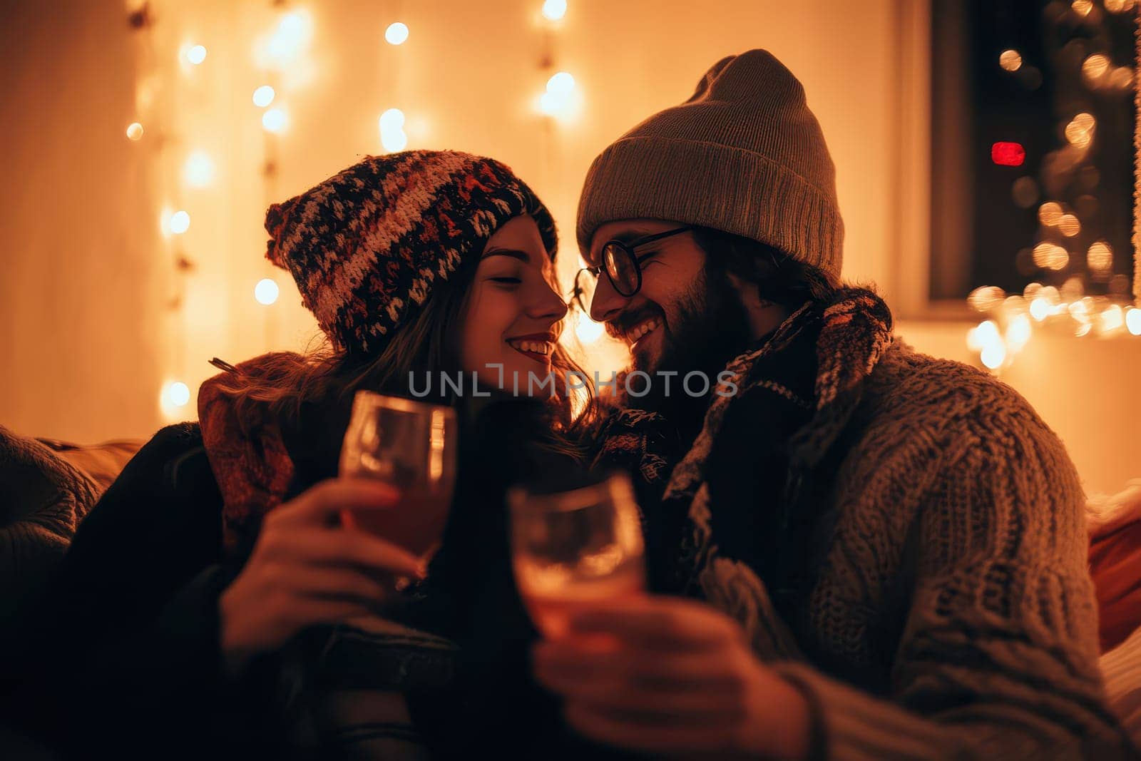 A couple sits close together sharing drinks while surrounded by fairy lights creating a warm and intimate atmosphere during the evening.