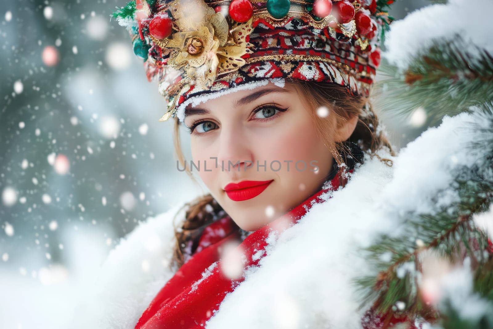 A young woman dressed in festive winter clothing smiles amidst falling snowflakes in a serene outdoor setting.