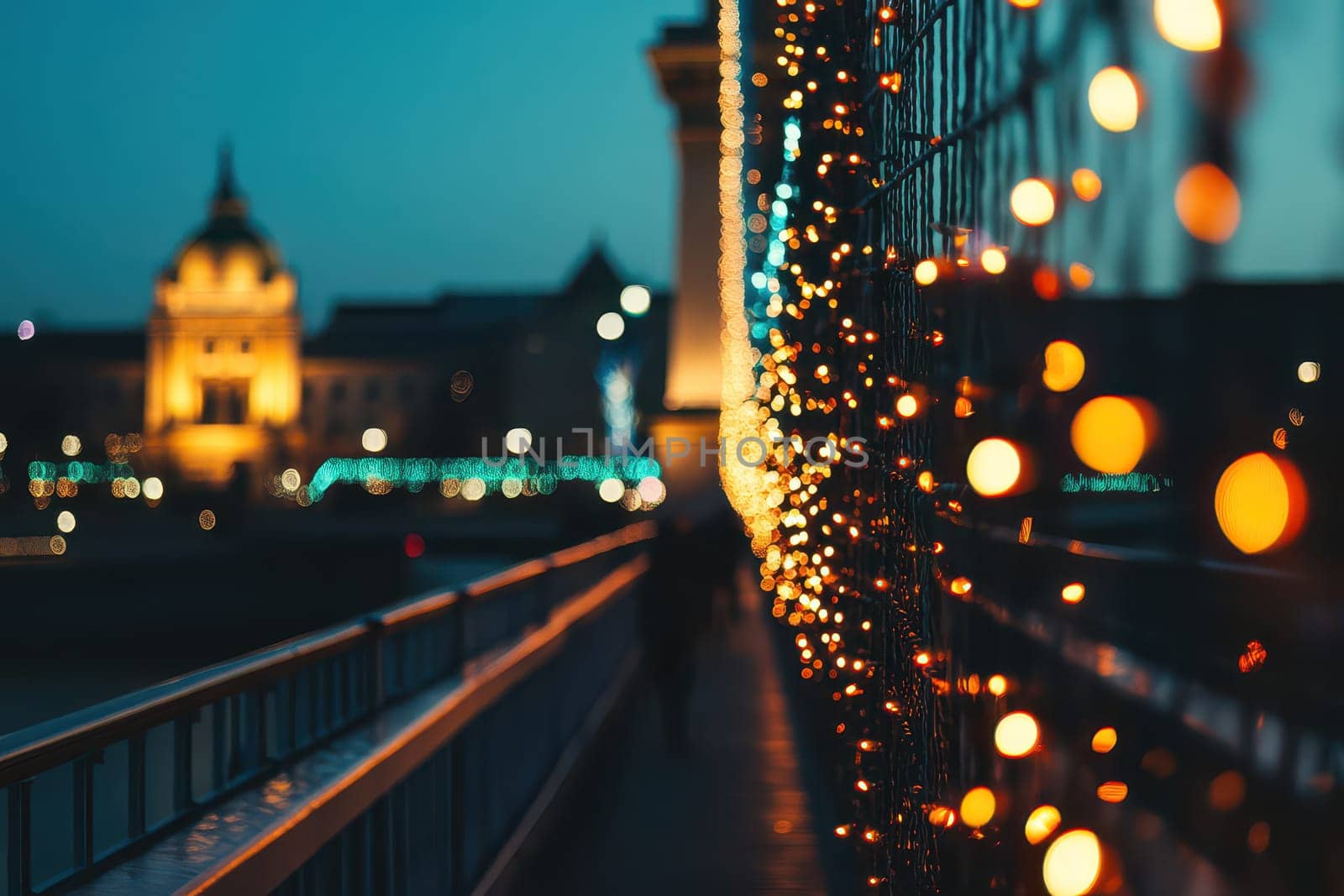 The bridge is adorned with glowing lights as twilight settles over the city creating a festive atmosphere that invites evening strolls.