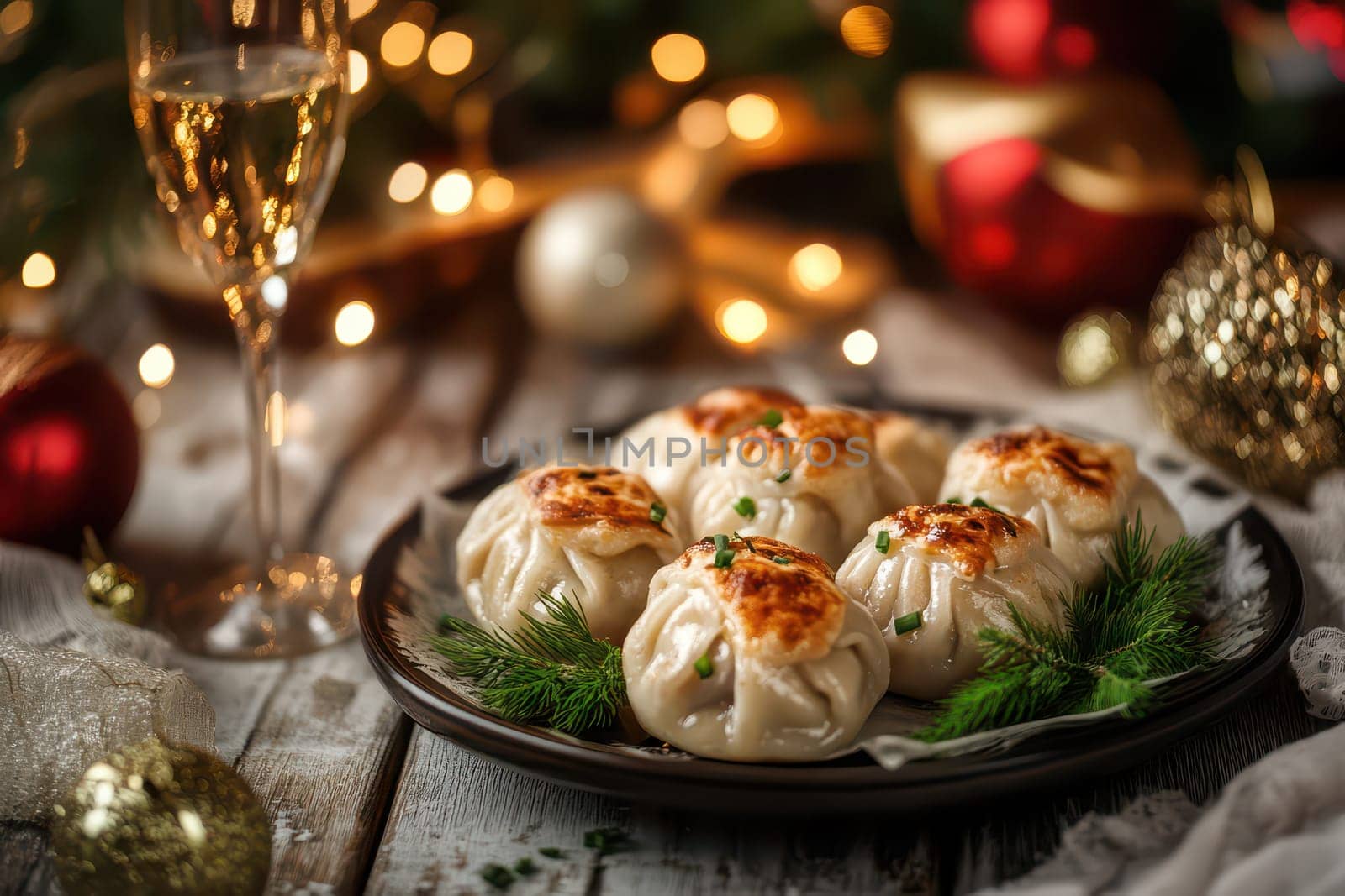 A beautifully arranged platter of dumplings garnished with herbs sits next to a sparkling drink creating a festive holiday atmosphere.