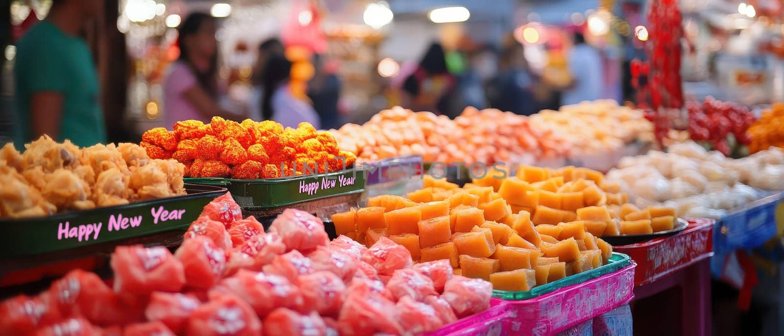 A vibrant market stall showcases an array of traditional sweets drawing in visitors during a festive celebration with cheerful decorations.