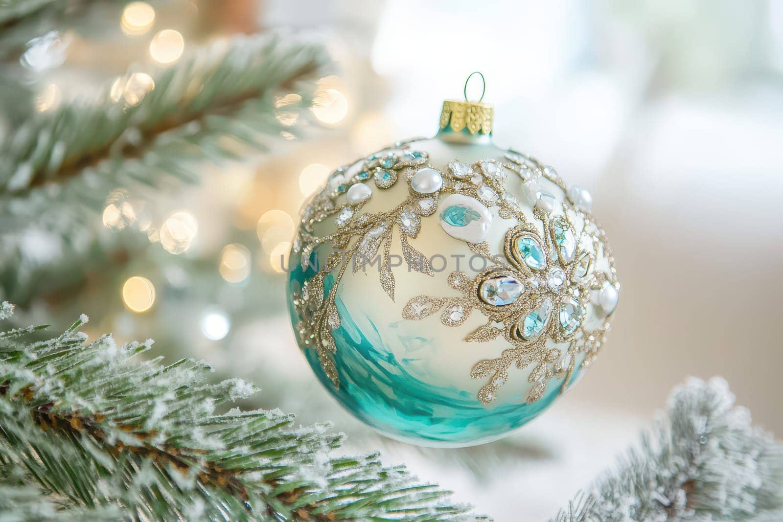 An ornate Christmas ornament dangles from a snowy tree branch reflecting lights and adding festive cheer to the cozy setting.