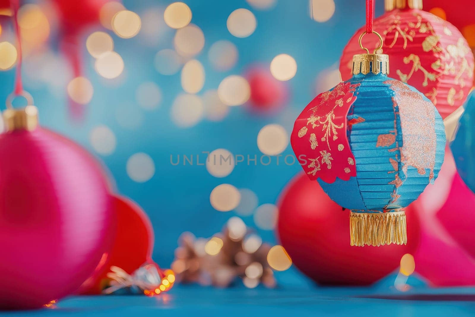 Decorative lanterns in vibrant colors hang against a blurred background of warm lights creating a festive atmosphere in the room.