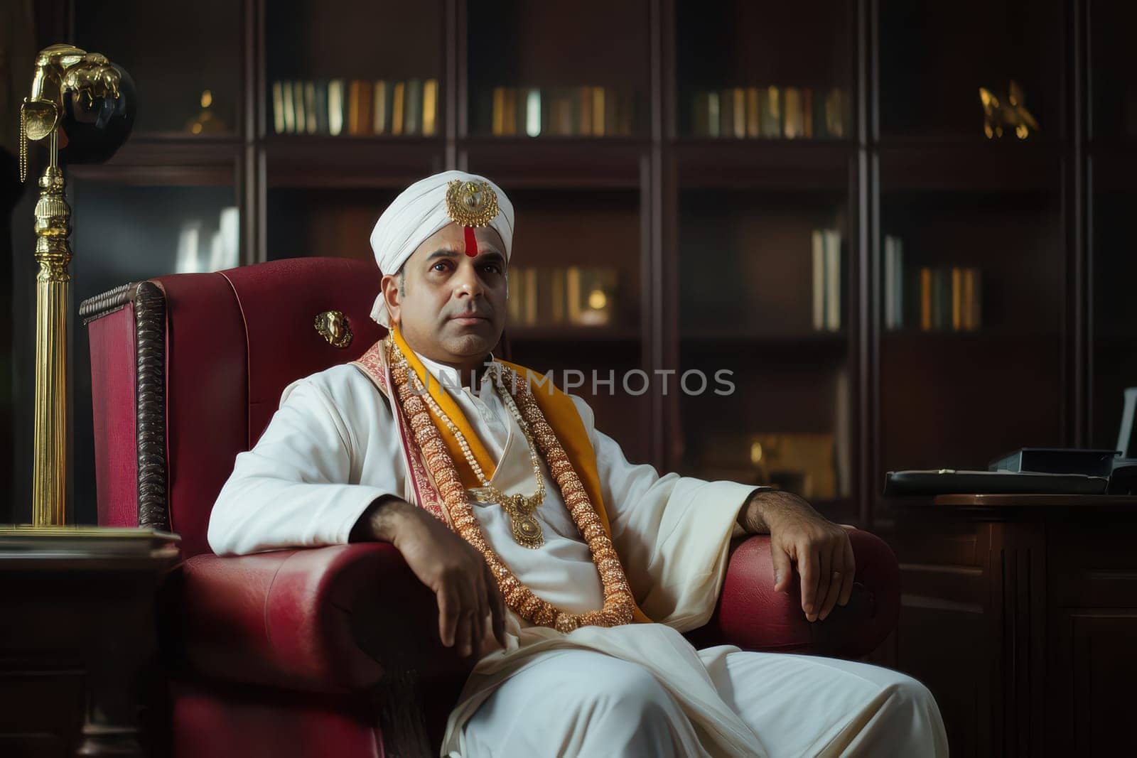 A man dressed in traditional Indian attire sits confidently in a luxurious office surrounded by bookshelves and decor radiating authority.